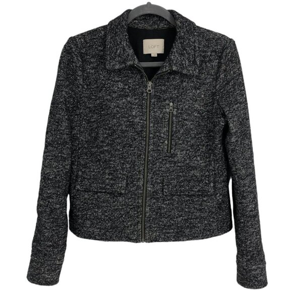 Ann Taylor LOFT Charcoal Marled Full Zip Long Sleeve Wool Blend Cropped Jacket S - Picture 1 of 15